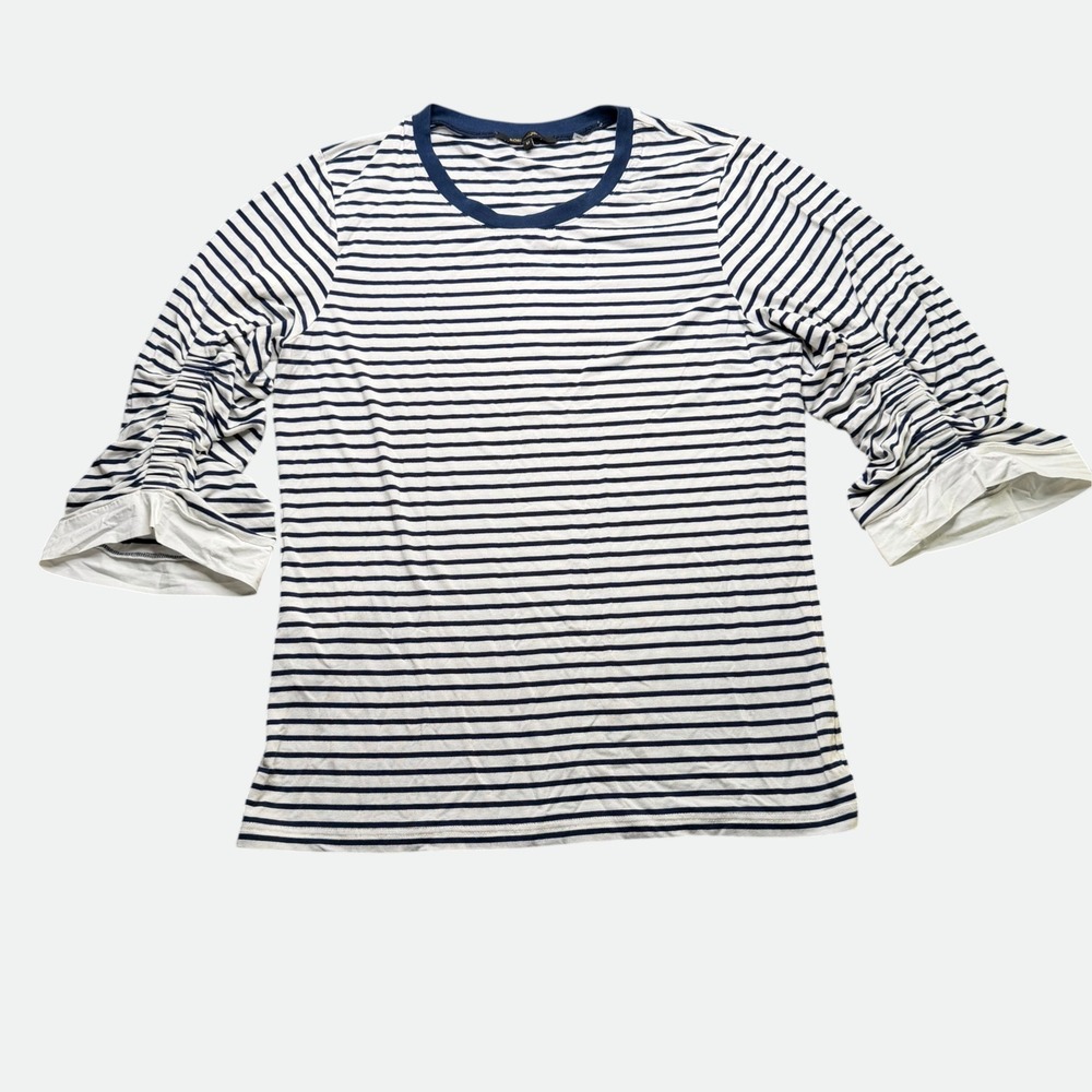 Kobi Halperin Striped Shirt Womens Navy White Ruched Sleeve Nautical Preppy M